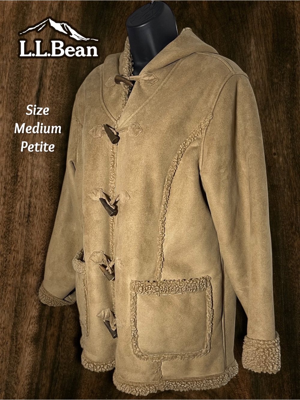 L.L. Bean Faux Suede Sherpa Lined Toggle Coat Hooded Tan Women's Medium Petite